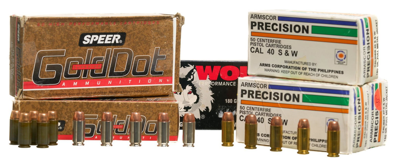 300 Rounds of Misc. .40S&W Ammunition: Includes: -150 rds of Armscor Precision 180gr. FMJ -50 rds of Wolf 180gr. Steel case copper FMJ -100 rds of Speer Gold Dot 180gr. GDHP Provenance: A New Braunfels, TX Estate All ammunition within this