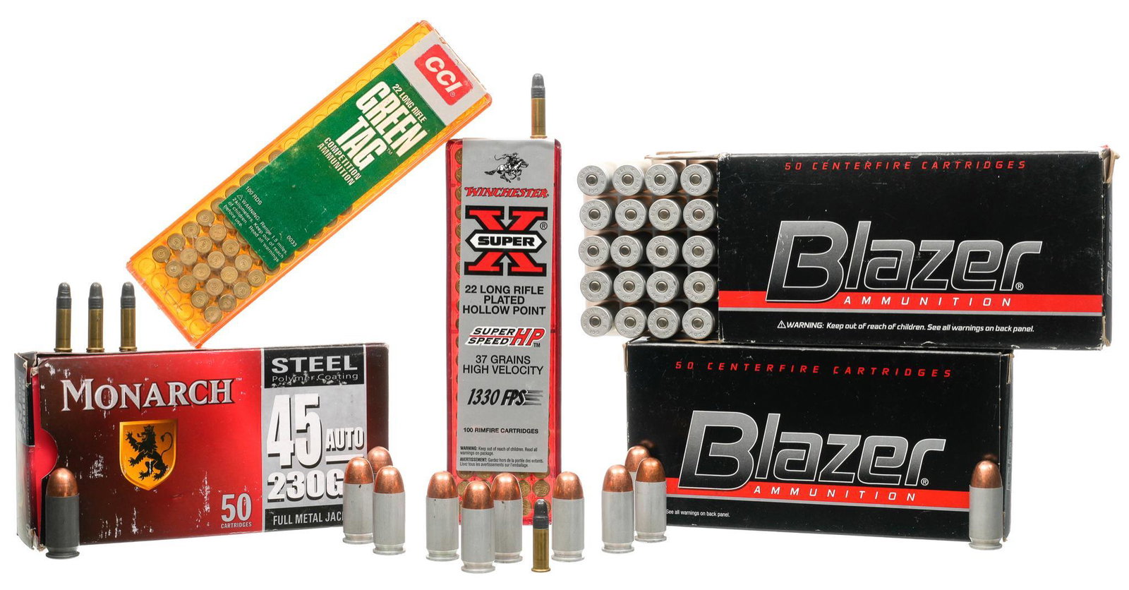 Lot of Misc. Ammunition: .45ACP & .22LR: Includes: -50 rds of Monarch steel polymer coated .45ACP 230gr. FMJ -108 rds of Blazer CCI steel .45ACP 230gr. FMJ -100 rds of Winchester Super-X .22LR 37gr. plated HP rimfire -53 rds of CCI Green Tag