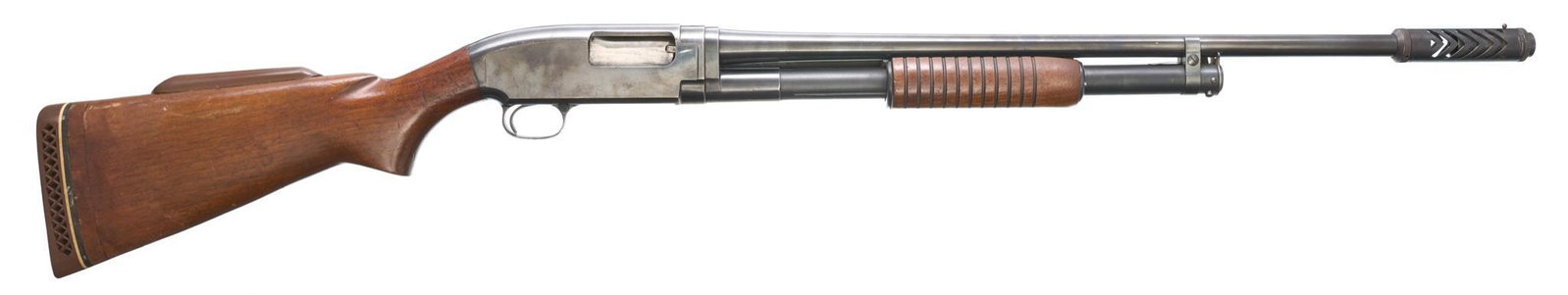 Winchester Model 12 20-Gauge Pump-Action Shotgun: Serial: 1198853 Manufacturer: Winchester (c.1949) Model: 12 Caliber: 20 Ga. Barrel length: 26" (w/ compensator) Condition: Good; wood stock has handling marks commensurate with age/use; added cheek re