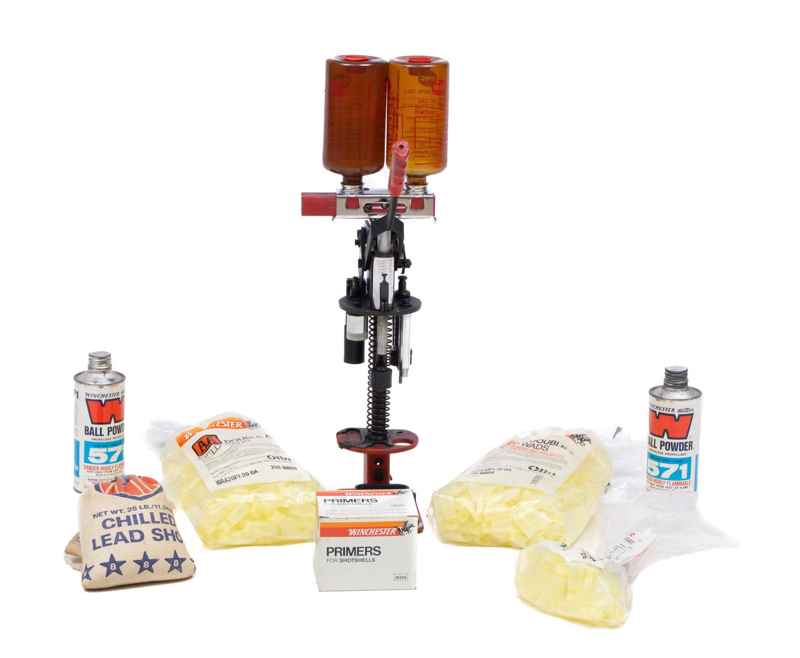 MEC 600JR 20-Gauge Reloading Press W/ Equipment: Includes: -All American chilled lead shot #8; 16lbs left out of a 25lb bag -2 bags of Winchester AA 20 Ga. field wads; 520 total wads -1000 Winchester #W209 shot shell primers -2 partial cans of Winch