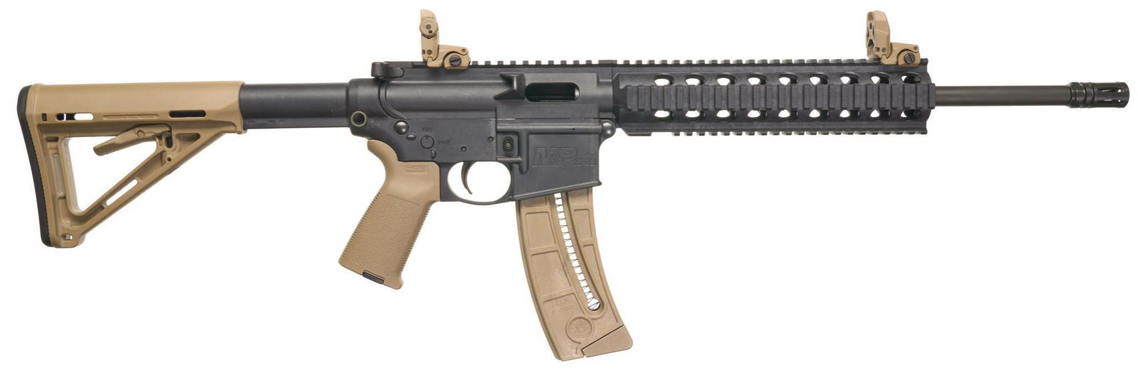Smith & Wesson M&P 15-22 MOE .22LR Semi-Auto Rifle: Serial: DYY9475 Manufacturer: Smith & Wesson Model: M&P 15-22 MOE FDE Caliber: .22LR Barrel length: 16"; 17.75" w/ A1 style compensator Condition: NIB; never fired Includes: factory box w/ papers, 25-