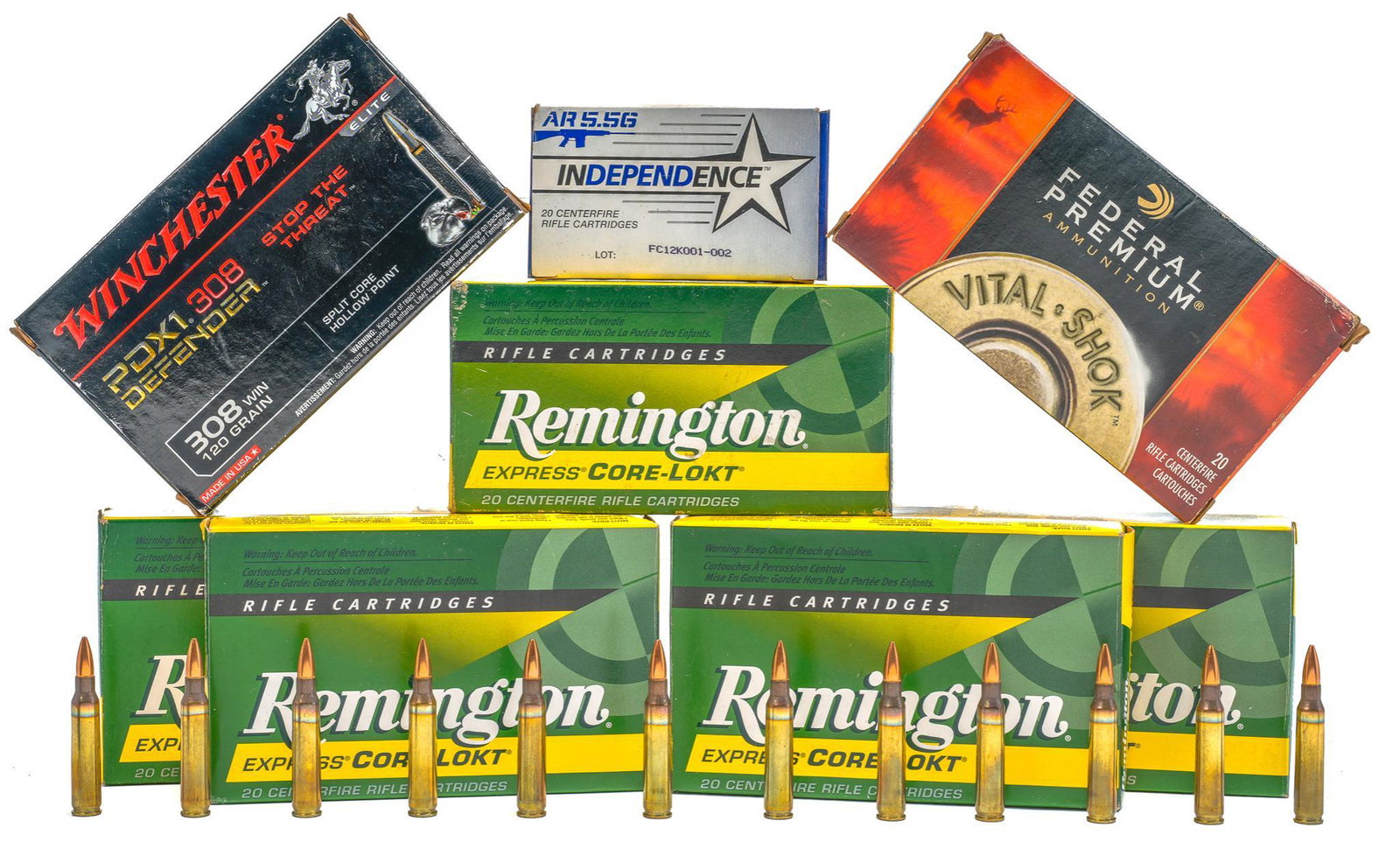 160 Rounds of Rifle Ammunition: .308 Win, .25-06 Rem,: Includes: -20 rds of Winchester PDX1 Defender .308 Win 120gr split core HP -20 rds of Remington Express Core-Lokt .308 Win 150gr SP -20 rds of Federal Premium Vital-Shok .25-06 Rem 100gr Nosler ballis