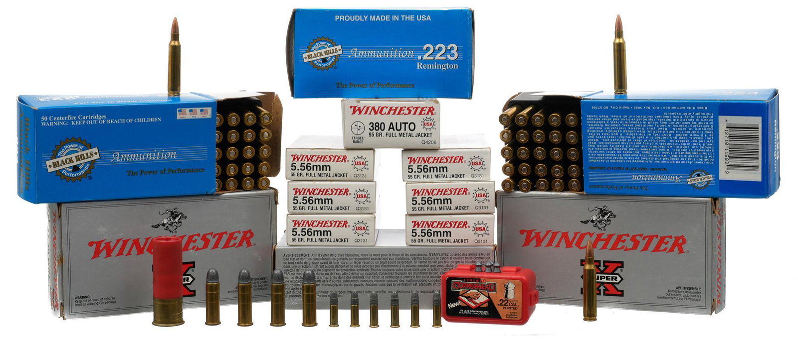 Lot of Misc. Ammunition: .223, 5.56mm, .44-40, .380: Includes: -150 rds of Black Hills .223 REM 55gr. FMJ 120 -112 rds of Winchester 5.56mm 55gr. FMJ 60 -114 rds of Winchester Super X .44-40 200gr. SP; 36 spent casings 150 -20 rds of PMC .380 Auto FMJ &