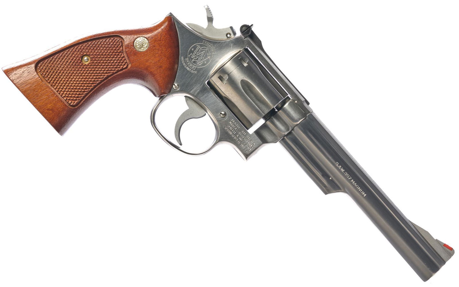 Smith & Wesson Model 66-1 Combat Magnum .357MAG: Serial: 62K5975 Manufacturer: Smith & Wesson Model: 66-1 Combat Magnum Caliber: .357 Magnum Barrel length: 6" Condition: Very Good; wood grips have light handling marks; barrel & frame have light hand