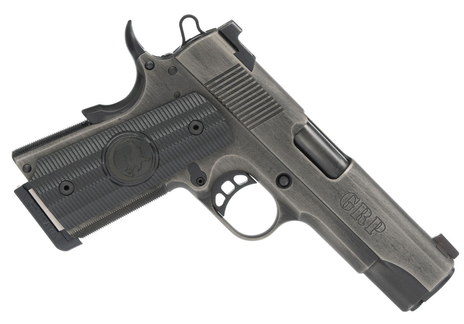 Nighthawk Custom GRP II .45ACP Semi-Auto Pistol: Serial: NCP26025 Manufacturer: Nighthawk Custom Model: GRP II (Battleworn) Caliber: .45ACP (7-rd capacity magazine) Barrel length: 4.25" Condition: Excellent; little to no wear/ handling marks on grip