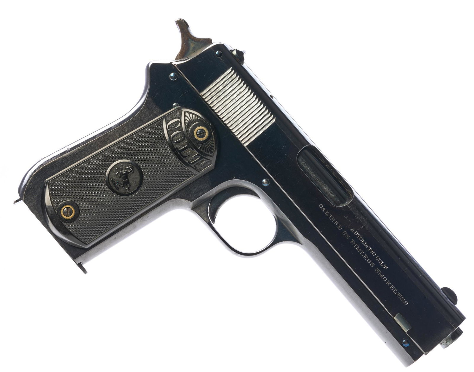 1914 Colt 1903 Pocket Hammer .38ACP Semi-Auto Pistol: Serial: 35564 Manufacturer: Colt (c.1914) Model: 1903 Pocket Hammer Automatic (Spur hammer) Caliber: .38ACP Barrel length: 4.5" Condition: Very Good; hard rubber (Colt Rampant Horse logo) grips are cr