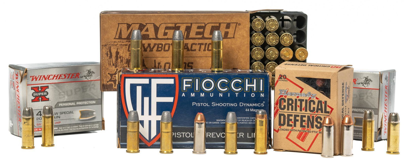 Approx. 152 Rounds of Misc. .44 S&W SPL/MAG Ammunition: Includes: -40 rds of Winchester Super-X .44 S&W SPL 200gr. silvertip JHP -21 rds of Hornady Critical Defense .44SPL 165gr. FTX -53 rds of Magtech .44SPL 240gr. L-Flat -38 rds of Fiocchi .44MAG 200gr. 