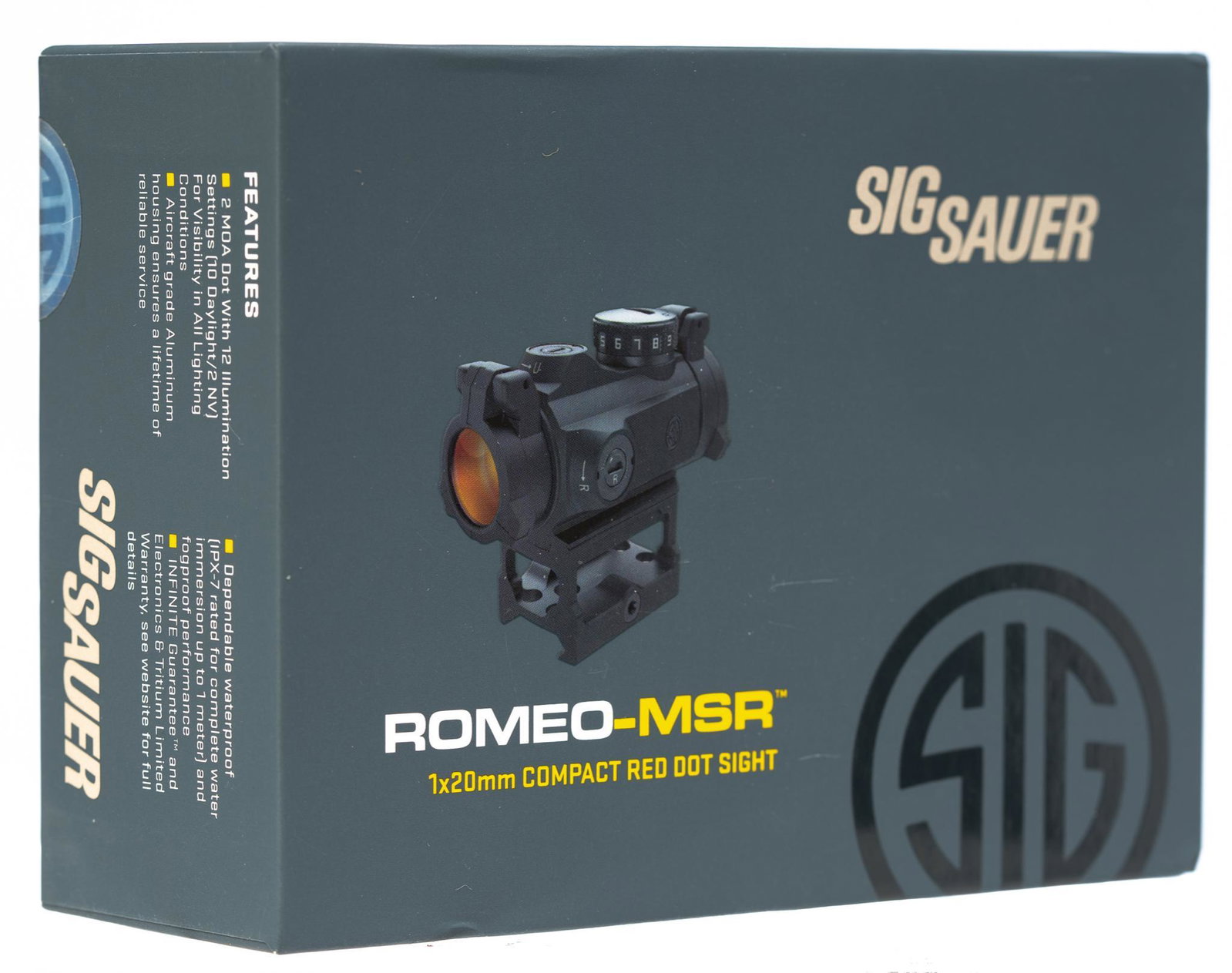 NIB Sig Sauer ROMEO-MSR 1x20mm Compact Red Dot Sight: Specs: -2 MOA dot with 12 illumination settings -aircraft grade aluminum -waterproof up to 1 meter -20,000 hours of battery life -includes: M1913 Picatinny Absolute Co-Witness riser mount Condition: N