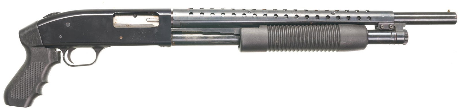 Mossberg 500A 12-Gauge Pump-Action "PGF" Shotgun: Serial: K372476 Manufacturer: Mossberg Model: 500A Caliber: 12 Ga. Barrel length: 18.5" Condition: Good; plastic grip & pump have light handling marks; barrel has some light scattered rust & blue lss 