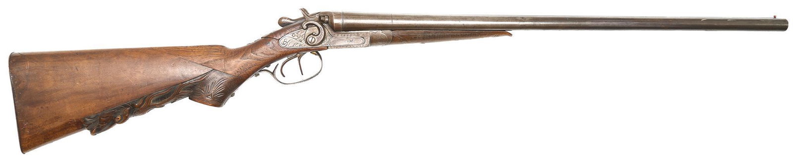 H.J. Sterling 16-Gauge Side-By-Side Shotgun: Serial: 6192 Manufacturer: H.J. Sterling Model: Side-by-Side Caliber: 16 Ga. Barrel length: 25" (Belgian Finished Damascus / Choke-Bored) Condition: Poor; wood stock has been modified to add a carved 