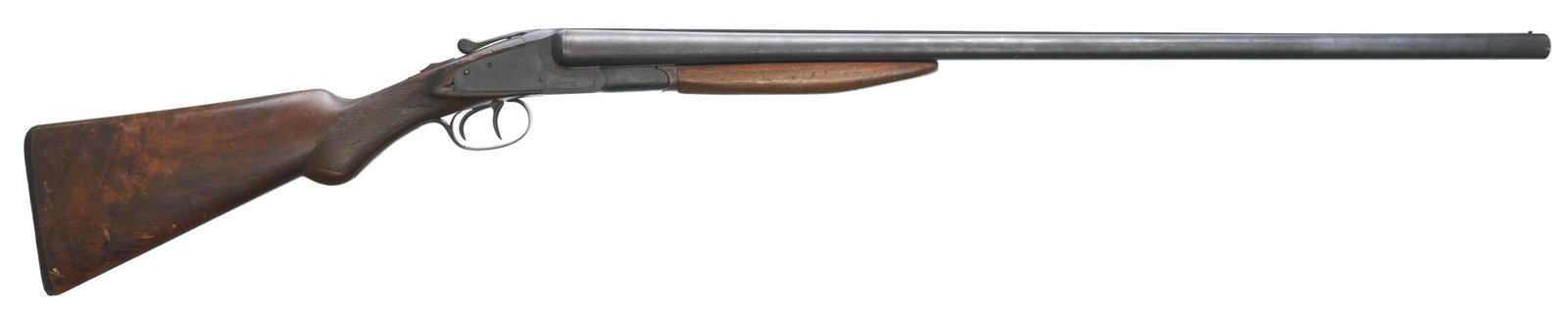 L.C. Smith No. 1 12-Gauge Side-By-Side Shotgun: Serial: 320272 Manufacturer: L.C. Smith (c.1908) Model: No. 1 Caliber: 12 Ga. Barrel length: 30" Condition: Good; wood stock has handling marks commensurate w/ age & use; Damascus barrel blue finish h