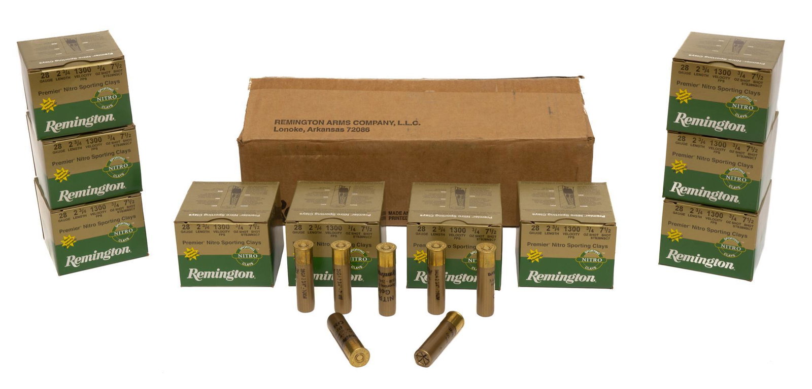 250 Shotshells of Remington 28-Gauge 3/4OZ. 7 1/2 Shot: Includes: -Premier STS Nitro Sporting Clays -2 3/4" shells -1300FPS velocity -10 boxes of 25 shotshells in factory case Provenance: A Castle Hills, TX Estate All ammunition within this auction is sold