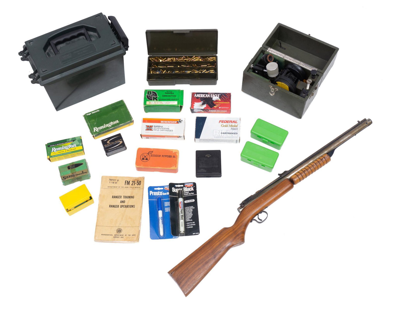 Misc. Lot of Militaria & Ammunition: Includes: -Benjamin Air Rifle Co. "Benjamin Franklin" Model 312 (1957) .22 cal pellet gun; bolt action; air pump; fair amount of handling marks on wood stock; barrel, pump tube & receiver have a yello