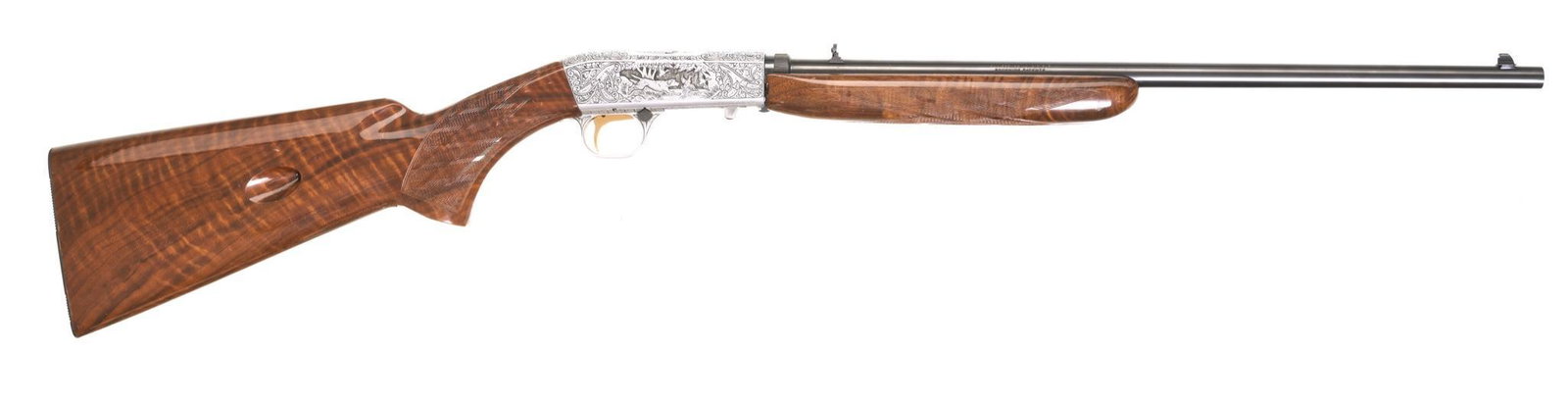 Browning SA-22 Grade III Signed .22LR Semi-Automatic: Serial: 01228PX346 Manufacturer: Browning, Miroku Japan (c.1983) Model: SA-22 Auto Rifle Grade III (engraver signed T. Naka) Caliber: .22LR Barrel length: 19.375" Condition: Very Good; wood stock and 