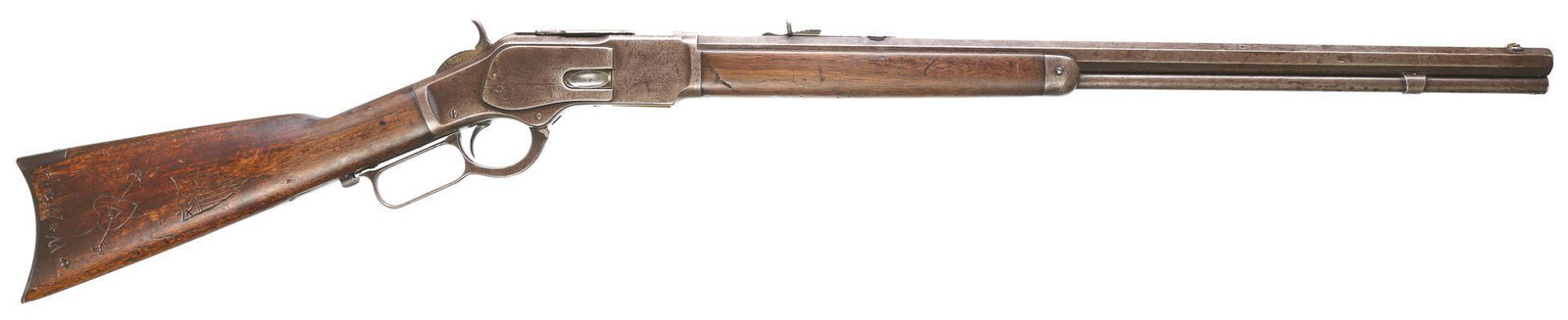 Winchester Model 1873 .32 WCF Lever-Action Rifle: Serial: 559218B Manufacturer: Winchester (c.1902) Model: 1873 Third Model Caliber: .32 WCF Barrel length: 24.25" Condition: Fair-Good; wood stock has fair amount of handling marks/ wear; a shield cres