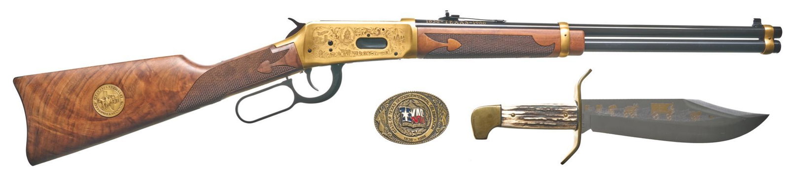 Winchester 1985 Model 94 Texas Sesquicentennial: Serial: TEX01828 Manufacturer: Winchester (U.S. Repeating Arms Co.) (c.1985) Model: 1894 Texas Sesquicentennial Saddle Ring Carbine Caliber: .38-55WCF Barrel length: 18.5" Condition: Excellent; very l