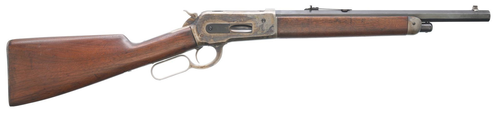 1904 Winchester Model 1886 .45-90 GOVT Lever-Action: Serial: 133835 Manufacturer: Winchester (c.1904) Model: 1886 (w/ lightweight style stock) Caliber: .45-90GOVT. Barrel length: 16.25" (octagon barrel) Condition: Good; wood stock is commensurate w/ age