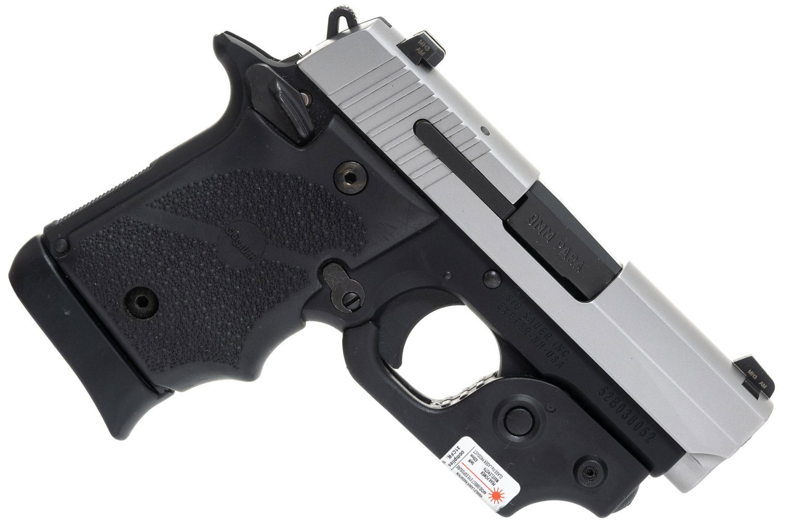 Sig Sauer P938 9mm Semi-Automatic Pistol: Serial: 52B038052 Manufacturer: Sig Sauer Model: P938 Caliber: 9mm parabellum Barrel length: 3" Condition: Very Good; light signs of wear/handling marks; rubber grips have some light wear; bore is ver