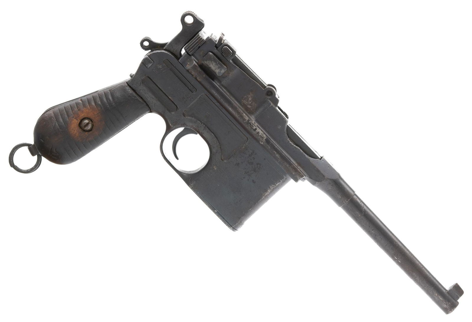 Mauser C96 Late M1930 Commercial BH 7.63 M Semi-Auto: Serial: 902714 Manufacturer: Waffenfabrik Mauser Oberndorf A. Neckar (c.1934) Model: Late Model 1930 Commercial Broomhandle Mauser Caliber: 7.63 Mauser Barrel length: 5.5" Condition: Fair; wood grips