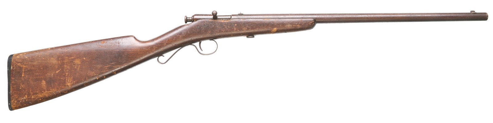 Winchester Model 1902 .22LR Bolt-Action Youth Rifle: Serial: No SN Manufacturer: Winchester (c.1902) Model: 1902 Caliber: .22LR Barrel length: 18" Condition: Poor; significant amount of handling marks in wood stock & forend is cracked; barrel & receiver