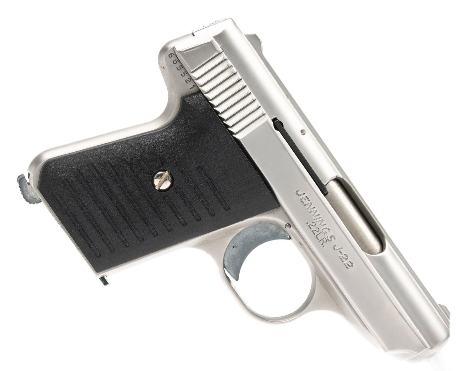 Jennings J-22 .22LR Semi-Auto Pistol: Serial: 665521 Manufacturer: Bryco Arms, Jennings Firearms Model: J-22 Caliber: .22LR Barrel length: 2.5" Condition: Excellent; little to no handling marks on grips, frame or slide; bore is excellent