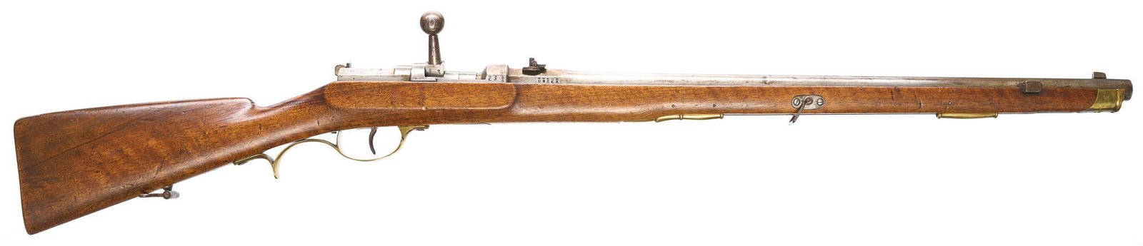 1870 Franco-Prussian Model 69 Dreyse Needle 15.4mm: Serial: 3052 Manufacturer: Spandau Arsenal, Prussia (c.1870, Franco-Prussian War) Model: Model 69 Dreyse Needle Short Rifle Caliber: 15.4mm Barrel length: 25.375" Condition: Very Good; wood stock is g