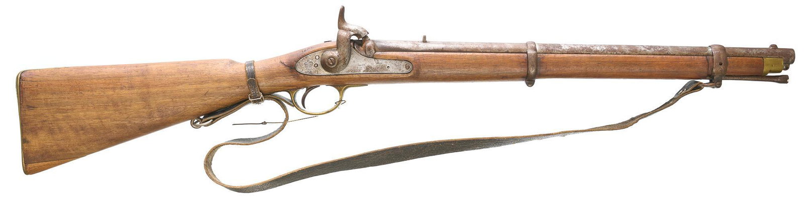 1857 Tower Enfield Pattern 1856 Cavalry .577Cal.: Serial: No SN Manufacturer: Tower (c.1857) Model: Enfield Pattern 1856 Cavalry Carbine Caliber: .577 Cal. Barrel length: 20" Condition: Fair; wood stock is mostly commensurate w/ age; repair to the bo
