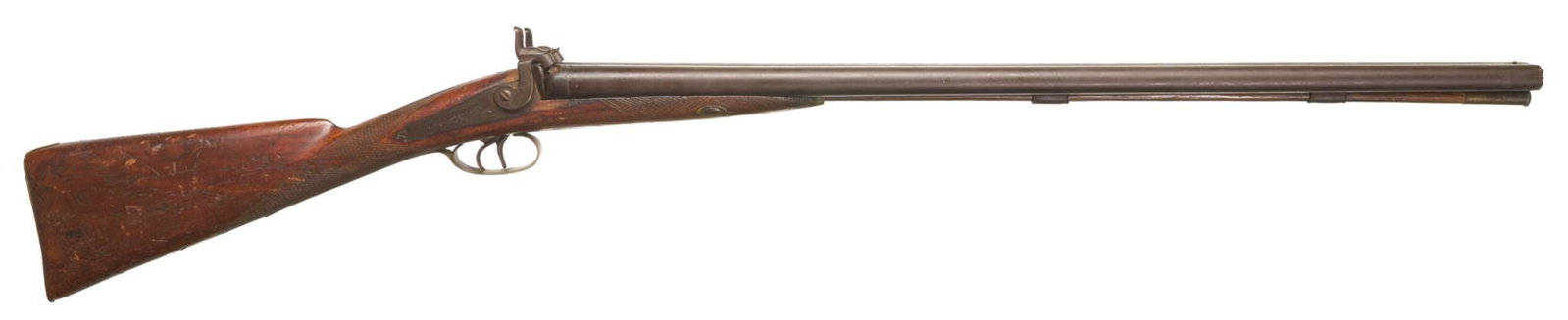 Belgian Percussion 12-Gauge Side-By-Side Shotgun: Serial: 5405 Manufacturer: Unknown (Liege, Belgium) Model: Side-by-Side Percussion Shotgun Caliber: 12 Ga. Barrel length: 30.5" Condition: Fair; wood stock has wear commensurate w/ age & use; barrels 