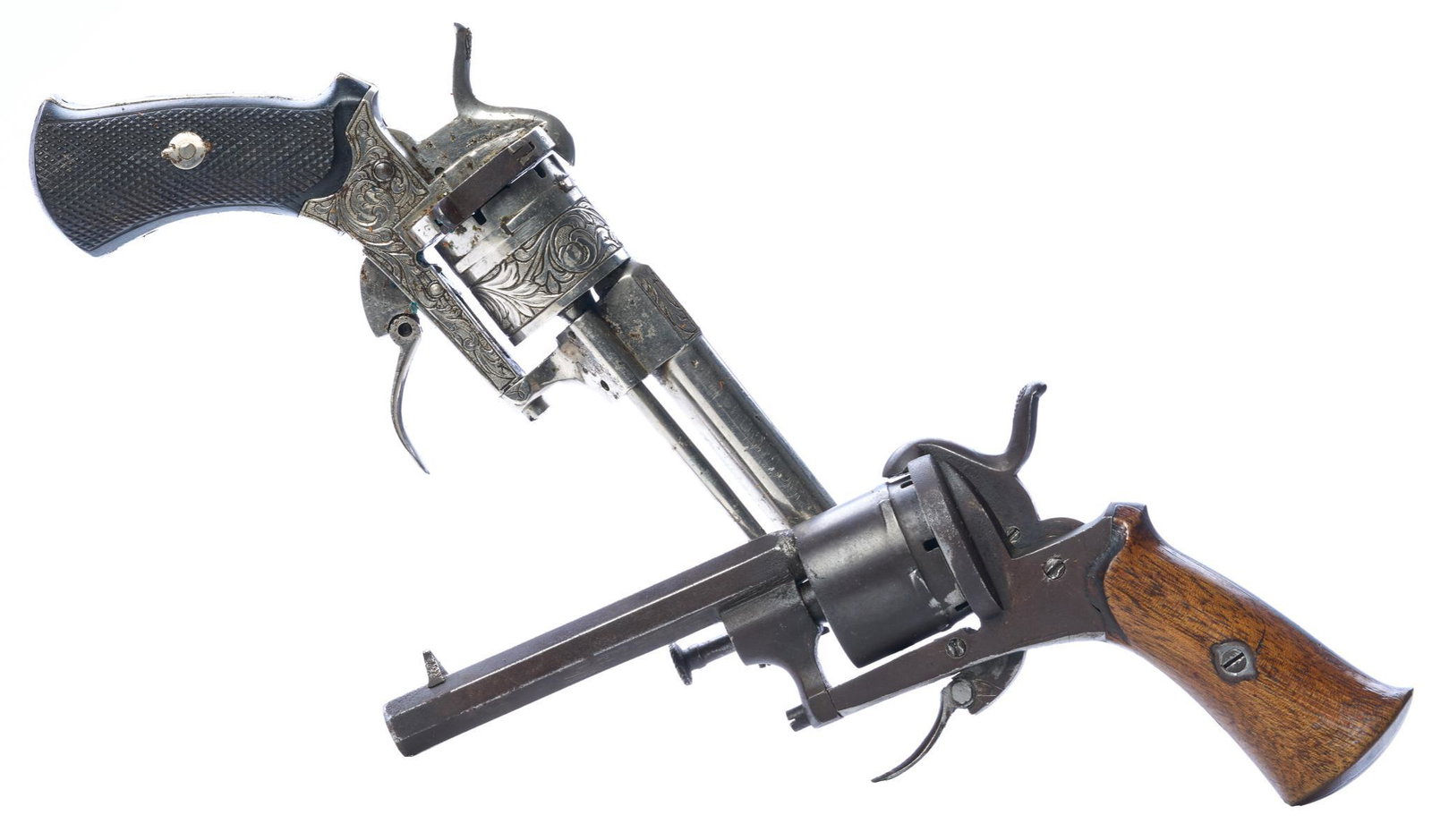 Pair of Belgian Folding Trigger 7.5mm Pinfire Revolvers: Serial: No SN Manufacturer: Belgium Model: Folding Trigger Pinfire Revolvers Caliber: 7.5mm Barrel length: (1) 3.5" & (2) 3.375" Condition: (1) wood grips have light handling marks; metal finish has t