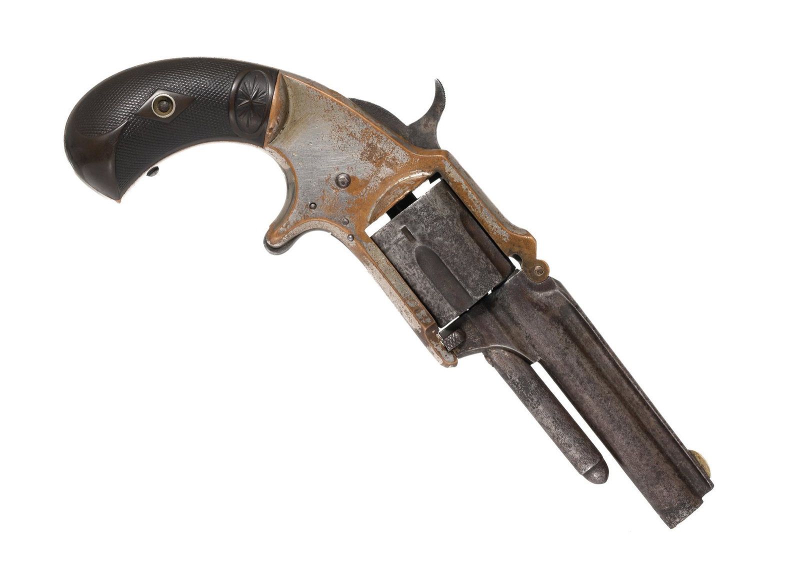 Marlin No. 32 Standard 1875 Pocket .32 Long Rimfire: Serial: 3261 (very faded) Manufacturer: J.M. Marlin Model: No. 32 Standard 1875 Pocket Caliber: .32 Long Rimfire Barrel length: 3" Condition: Poor; not functional; heavy rust and wear Provenance: A Sp
