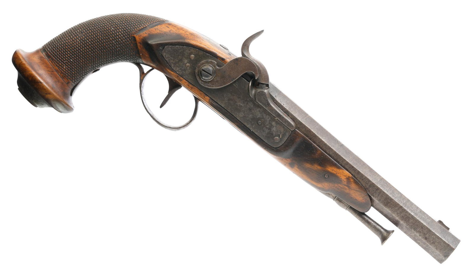 Belgian Proofed .54Cal. Percussion Cap Pistol: Serial: No SN Manufacturer: Belgium Model: Percussion Pistol Caliber: .54Cal. Barrel length: 6.5" Condition: Good; walnut stock has light handling marks for age w/ strong checkering on grip; Damascus 