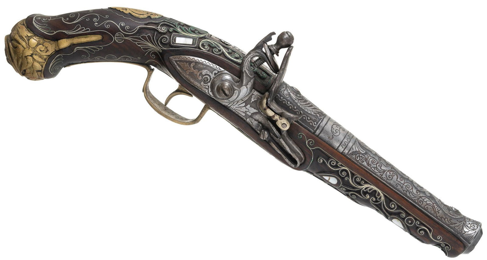 Indo Persian Style Flintlock Pistol W/ Mother of Pearl: Serial: 11 ("11" marked on frizzen) Manufacturer: Unknown Model: N/A Caliber: approximately .56 Cal. Barrel length: 7.25" Condition: Good; light signs of aging; light rust on lock plate & barrel; bore