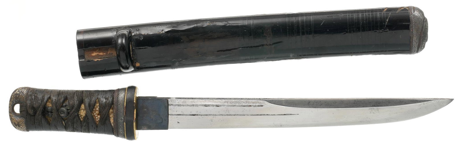 Late 19th C. Japanese Tanto Dagger & Saya: Blade Length: 9" long Overall Length: 14.75" long Condition: Good; blade is bright w/ some light oxidation to the back edge & grooves; blade edge is good & sharp w/ light wear; handle shows use & pati