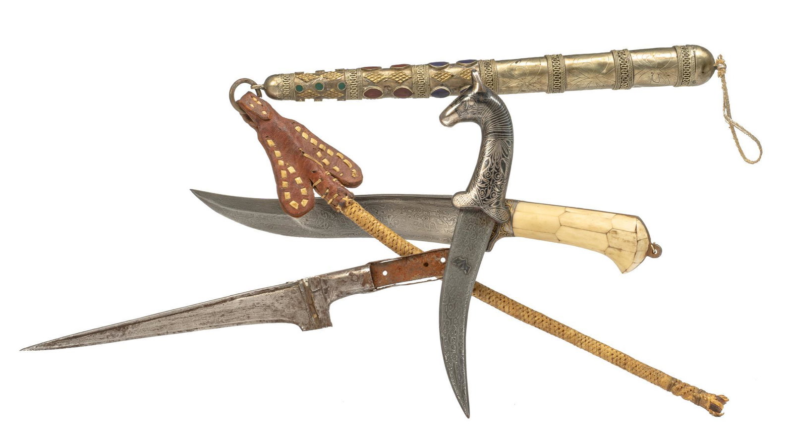 Collection of Afghan Daggers & A Buzkashi Whip: Includes: -Afghan Khyber fighting dagger; blade length: 7.5" long; overall length: 12.5" long; blade has been heavily sharpened & used; handle is missing; includes leather & wood sheath; marked w/ W c