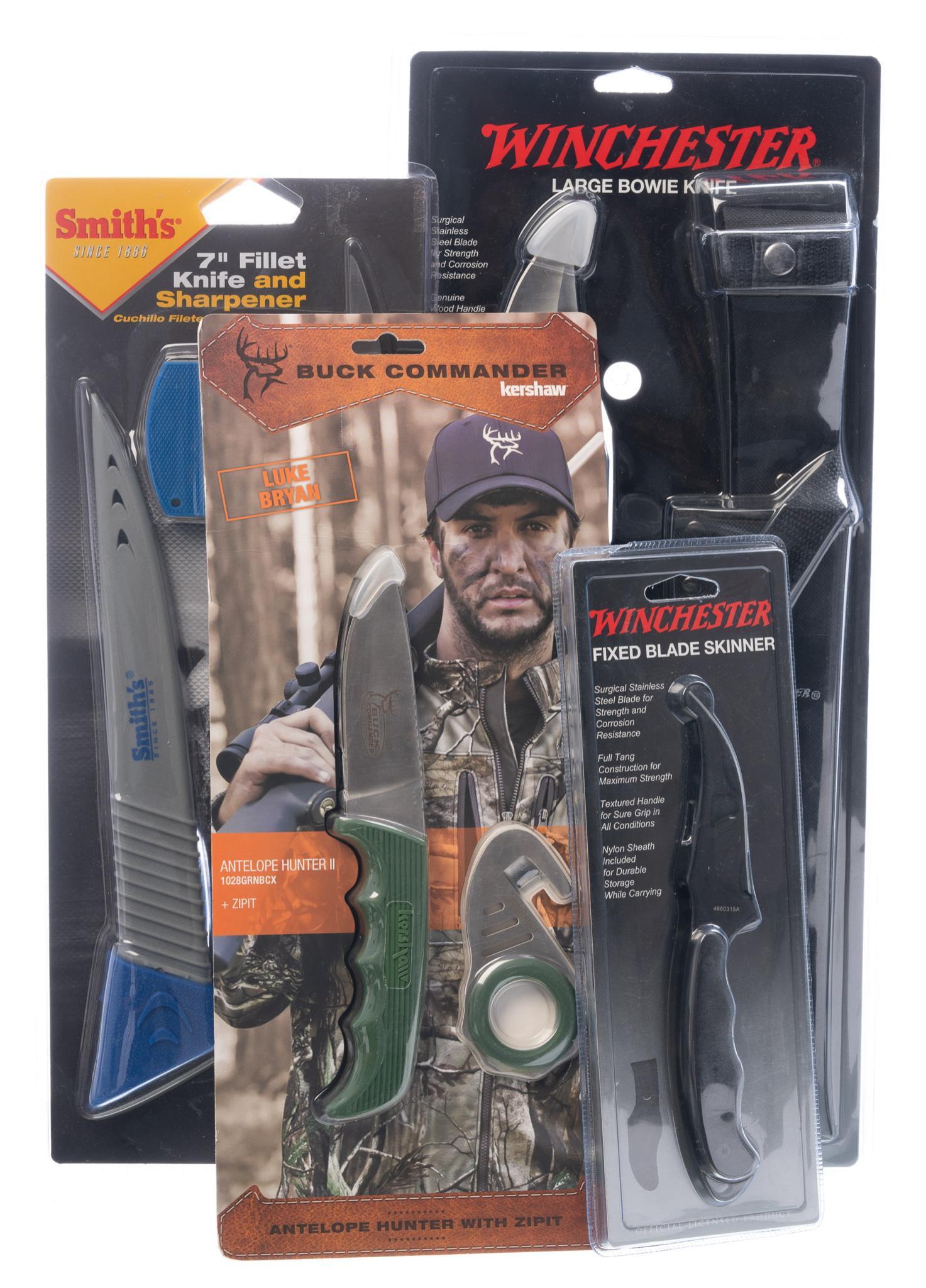 Collection of 4 NIB Hunting Knives: Includes: -(1)Kershaw Luke Bryan Buck Commander Antelope Hunter II w/ sheath & Zipit; 1028GRNBCX; co-polymer handle; 3.6" blade -(2)Winchester Fixed Blade Skinner w/ sheath; 4660315A; 3" blade -(3)Smi