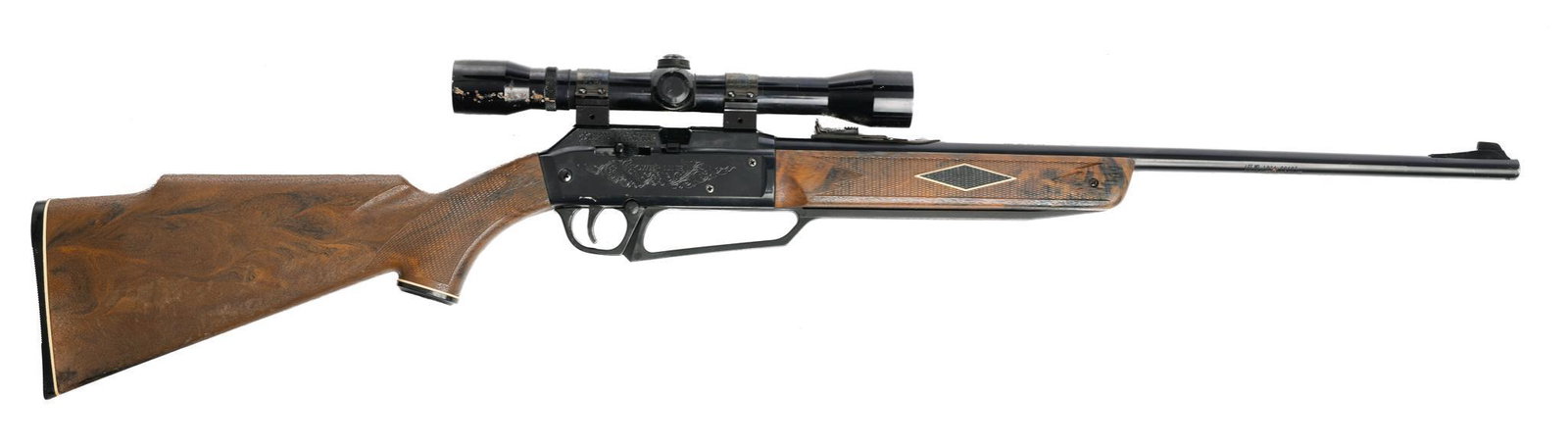 Daisy Powerline 922 .22Cal Pellet Gun: Serial: 00407 Pump air rifle; .22cal pellet; as is condition w/ rust & wear; trigger guard is loose Includes: SPI Mo. 564 4x32 scope w/ weaver mounts Provenance: From the Sandy Oaks Olive Orchard Coll