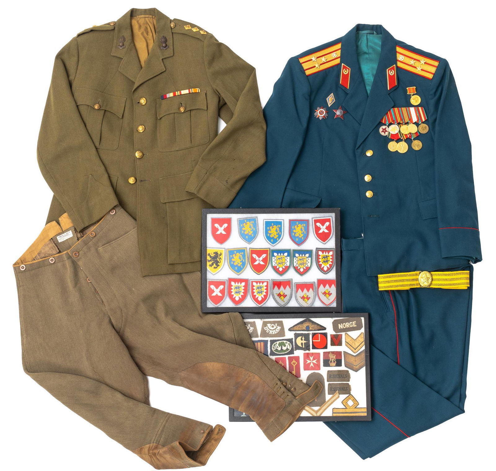 Collection of WWII & Cold War Era Patches & Uniforms: Includes: -17 German Bundeswehr patches -31 British Military patches -British Royal Engineers officer's service dress uniform with cap-Soviet Cold War officer's dress uniform with 2 officer's caps, a