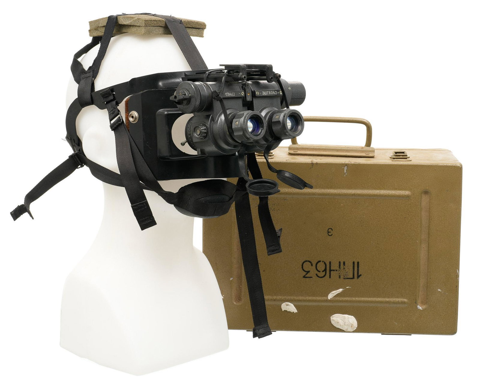 Soviet Era 1PN63 Night Vision Goggles W/ Case: Includes: -1PN63 AESHT8042 Soviet era Night Vision Goggles -metal case -battery & charging hardware -extra crystals Condition: goggles are being held to head harness w/ zipties; padding inside of case