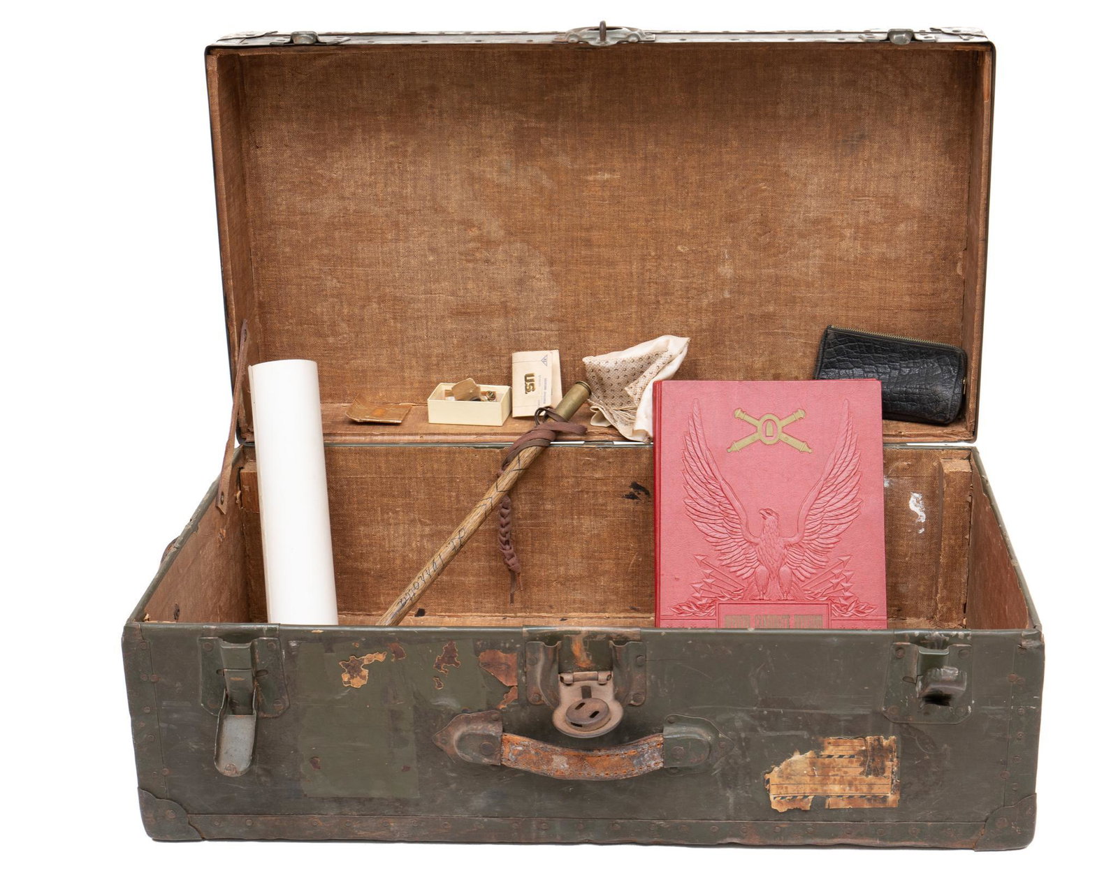 WWII US Army Officer's Foot Locker W/ Personal Items: Includes: -foot locker trunk issued to Lt. Daniel Perrotta -customized "swagger stick" w/ .50 cal shell & bullet attached to ends of the stick; Lt. Perrotta -Battalion photograph of the Battery A, 13t
