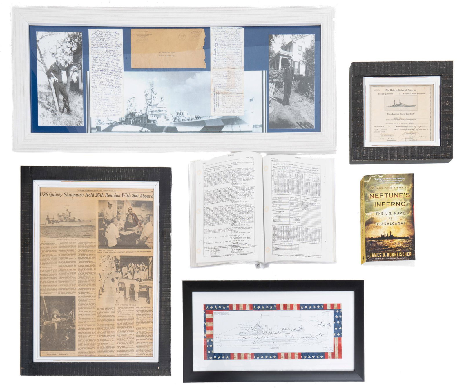 WWII Collection of Documents on the History, Crew Logs,: Includes: -framed newspaper article documenting the 25th Reunion of the USS Quincy -framed photo & letters of Petty Officer First Class Thomas Lee Jones, crew member of the USS Quincy -framed diagram 