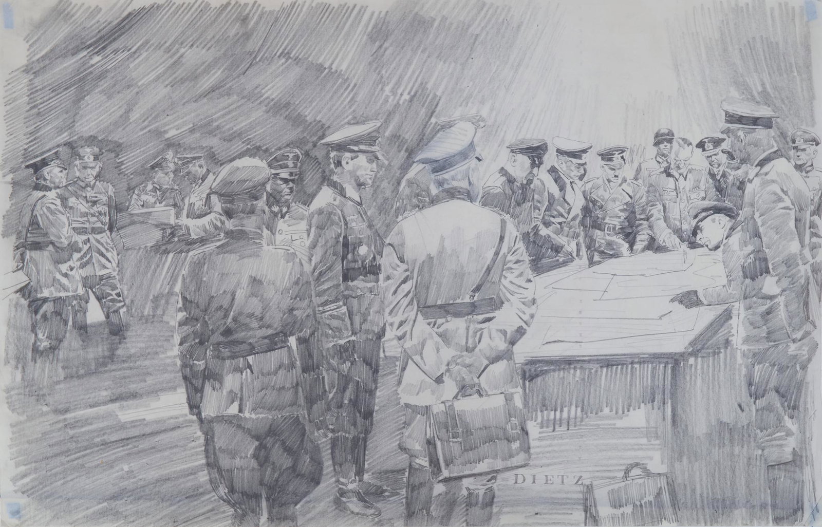 James Dietz, War Room, signed pencil sketch, image: James Dietz, War Room, signed pencil sketch, image size: 17.5 x 27" Condition: Very good; rolled Provenance: A Garden Ridge, TX Estate We will happily provide seamless shipping services on this lot. P