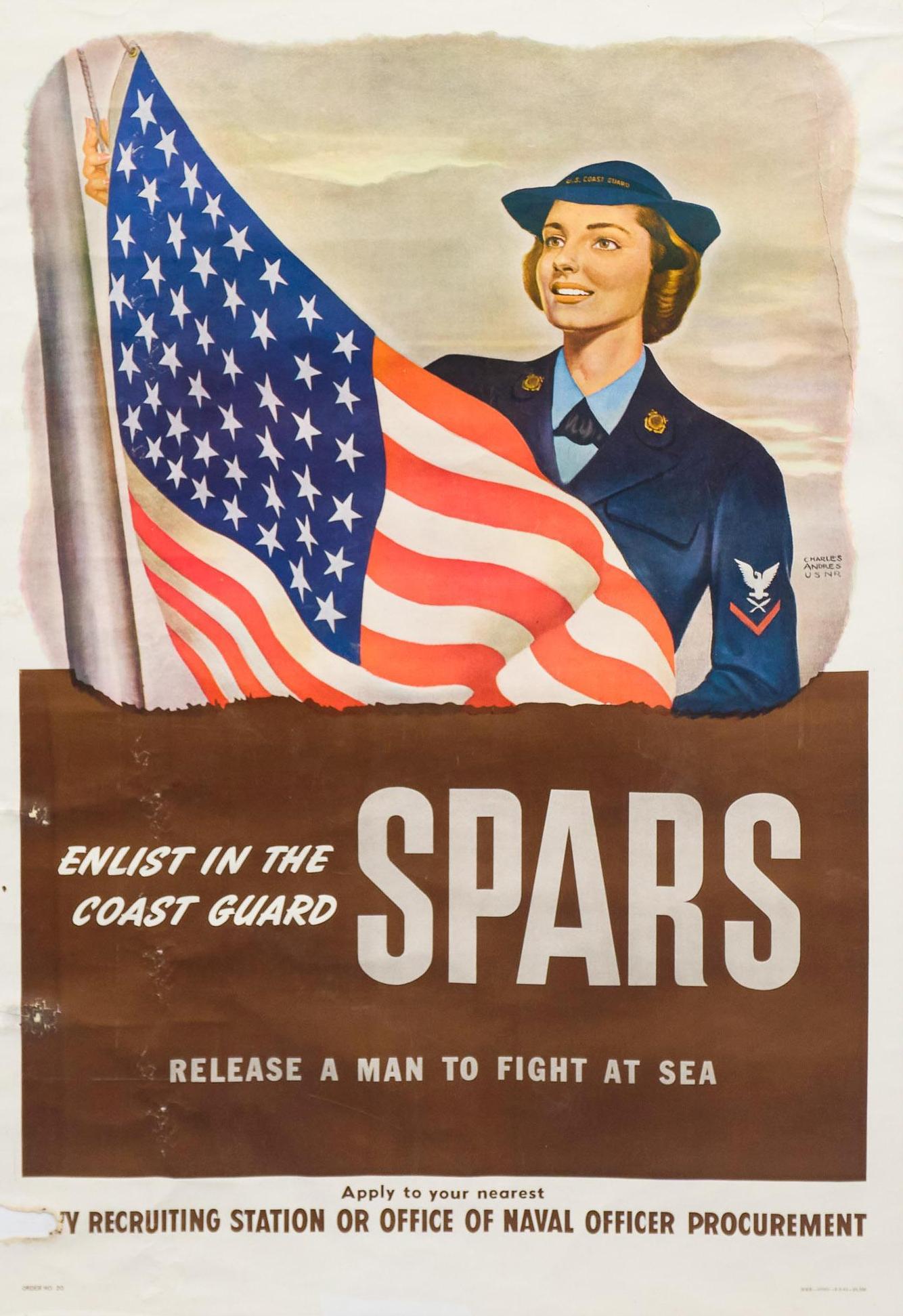 Charles Andres, "Enlist In The Coast Guard SPARS": Charles Andres, "Enlist In The Coast Guard SPARS", c. 1943, SPARS Enlistment Poster, poster size: 32 x 23", frame: 36 x 24" Condition: Fair; 10" long tear in upper right corner; missing piece from low