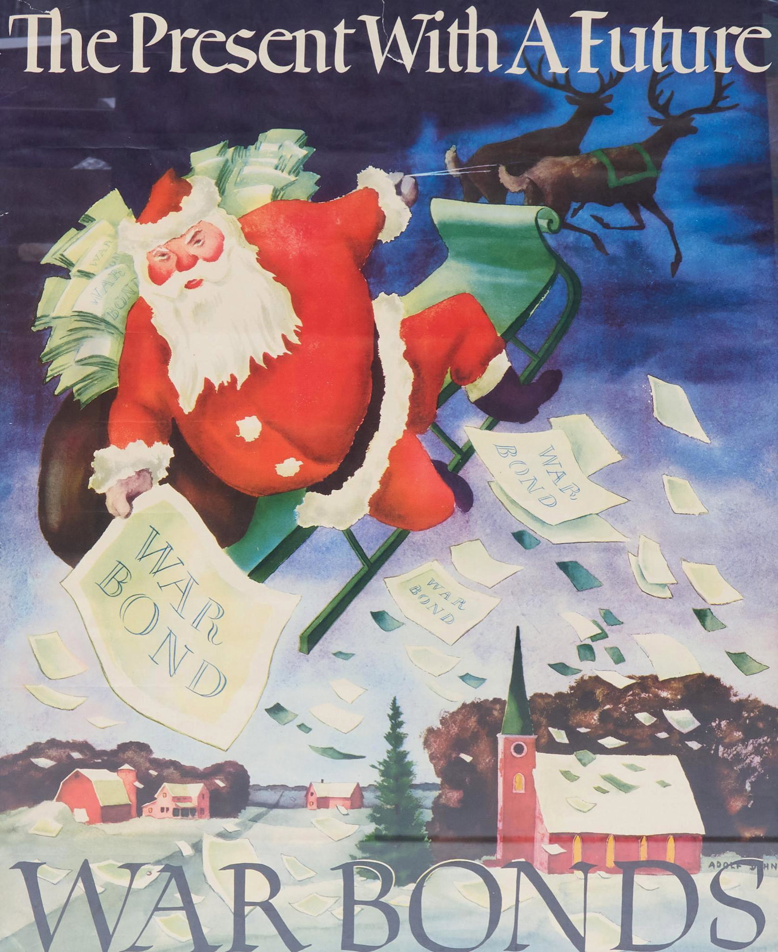 Adolf Dohn, "The Present With A Future", c. 1942: Adolf Dohn, "The Present With A Future", c. 1942, War Bonds Poster, sight: 27.5 x 21.5", frame: 29 x 23.25" Condition: Good; folding creases & wrinkles; two rips in upper edge Provenance: A Schertz, T