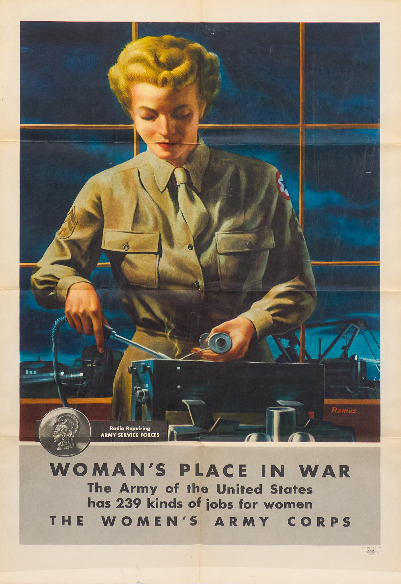 Michael Ramus, "Woman's Place In War", c. 1944: Michael Ramus, "Woman's Place In War", c. 1944, WAC Recruiting Poster, poster size: 38 x 25", frame: 41.5 x 28" Condition: Very Good; folding creases; light wrinkles Provenance: A Schertz, TX Estate W
