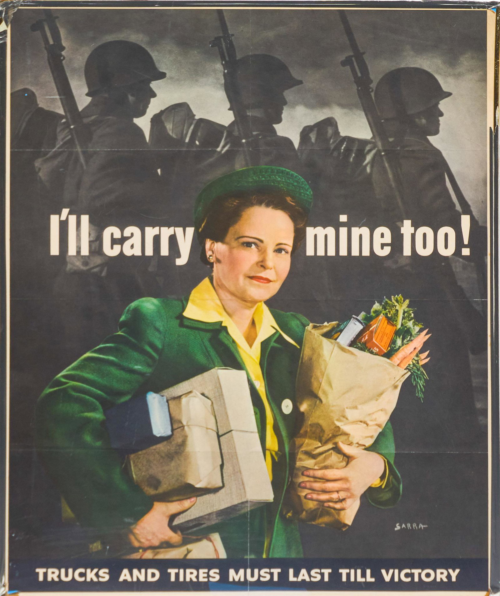 Valentino Sarra, "I'll Carry Mine Too!", c. 1943, War: Valentino Sarra, "I'll Carry Mine Too!", c. 1943, War Stamps Poster, sight: 27.5 x 21.5", frame: 28.25 x 22.25" Condition: Good; folding creases; small rips in corners; frame is taped & scratched Prov