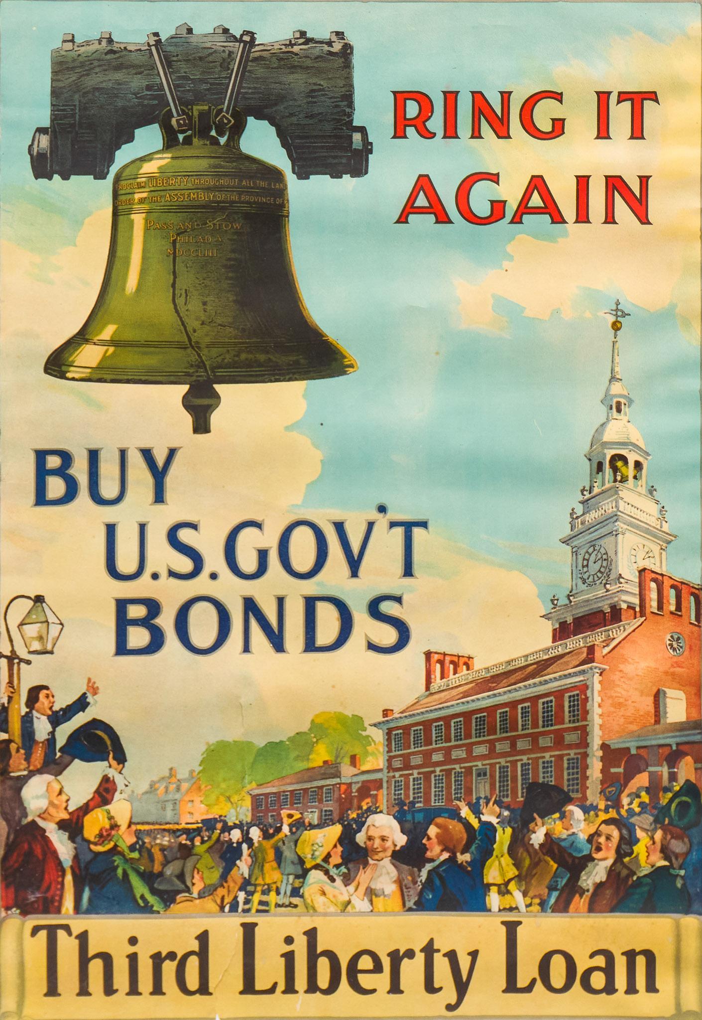 Sackett & Wilhelms Corp, N.Y., "Ring It Again", c. 1918: Sackett & Wilhelms Corp, N.Y., "Ring It Again", c. 1918, Third Liberty Loan Poster, sight: 29 x 19.25", frame: 31 x 21" Condition: Fair; wrinkled throughout; rip on lower edge; light foxing in spots P