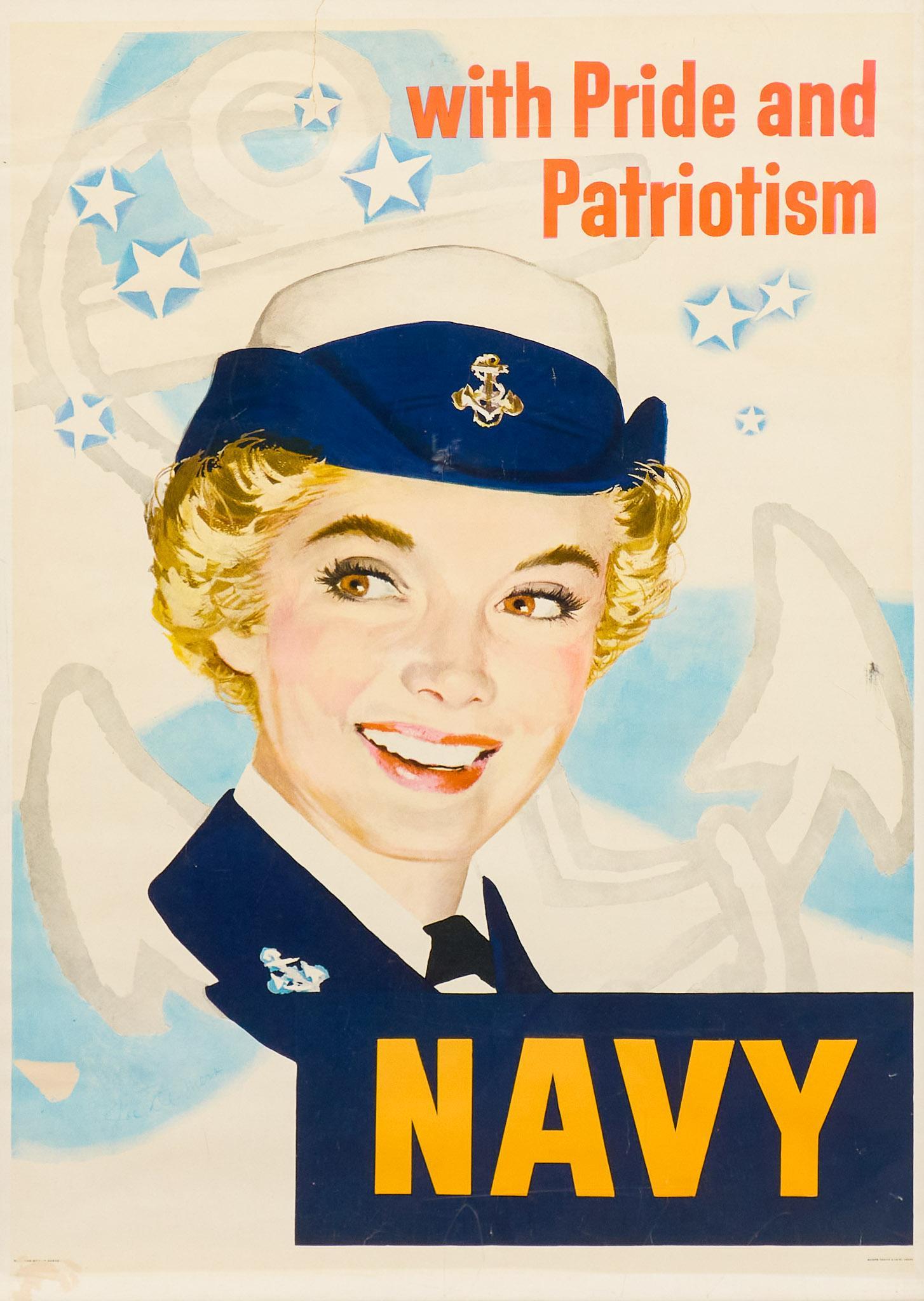 Joe de Mers, "with Pride and Patriotism", c. 1951: Joe de Mers, "with Pride and Patriotism", c. 1951, US Navy Poster, sight: 39 x 26", frame: 41.5 x 28" Condition: Fair; 5" long rip in upper edge; abrasion near lower left corner; light wrinkling throu