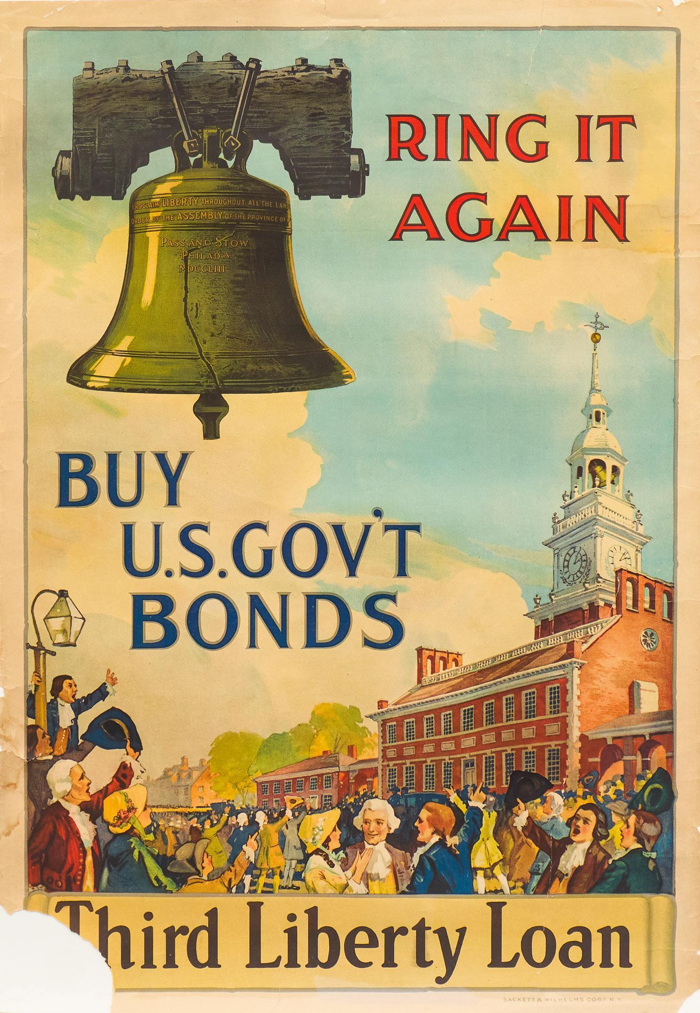 Sackett & Wilhelms Corp, N.Y., "Ring It Again", c. 1918: Sackett & Wilhelms Corp, N.Y., "Ring It Again", c. 1918, Third Liberty Loan Poster, poster size: 30 x 20" Condition: Poor; missing lower left corner; wrinkles throughout; tattered edges; water damage 