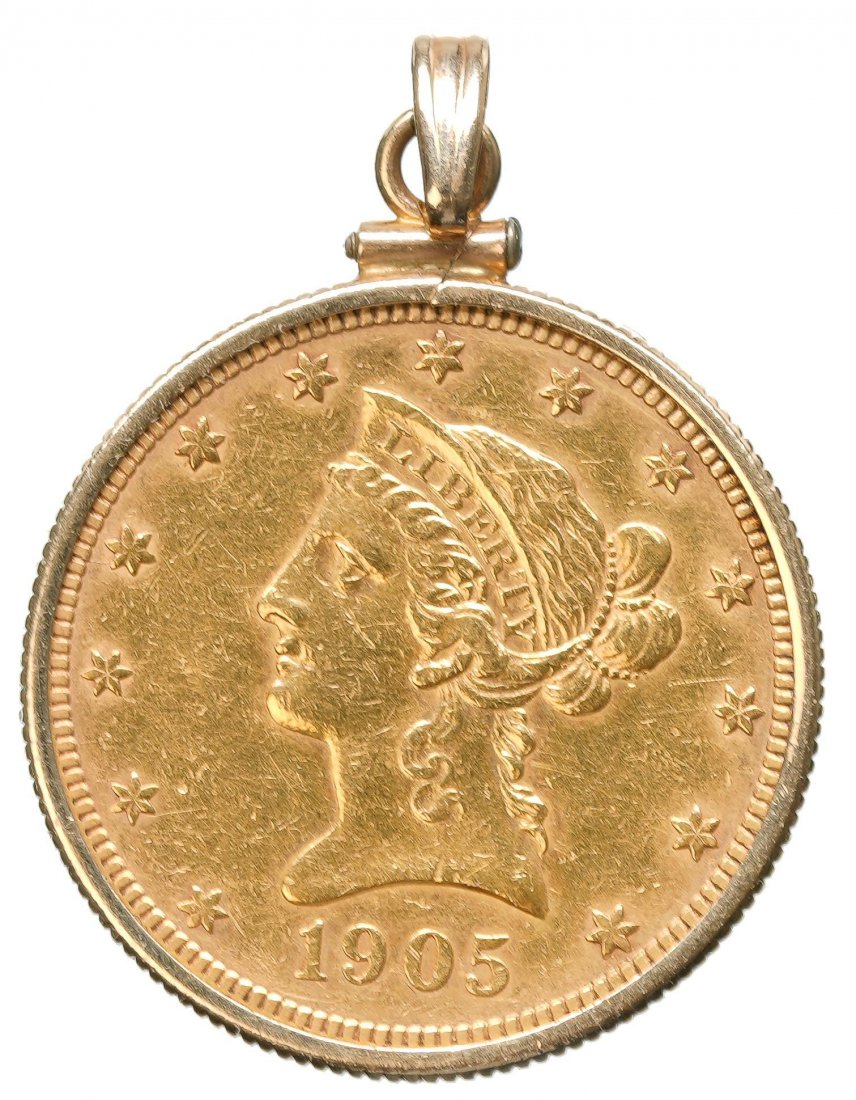 1905 S Gold Ten Dollar Liberty Head 1/2 oz Coin Pendant: 1905-S $10 Liberty Head Gold 1/2 oz. Coin Set in 14K Gold Pendant; total weight: 0.63oz. or 18 grams Provenance: A San Antonio, TX Estate We will happily provide seamless shipping services on this lot