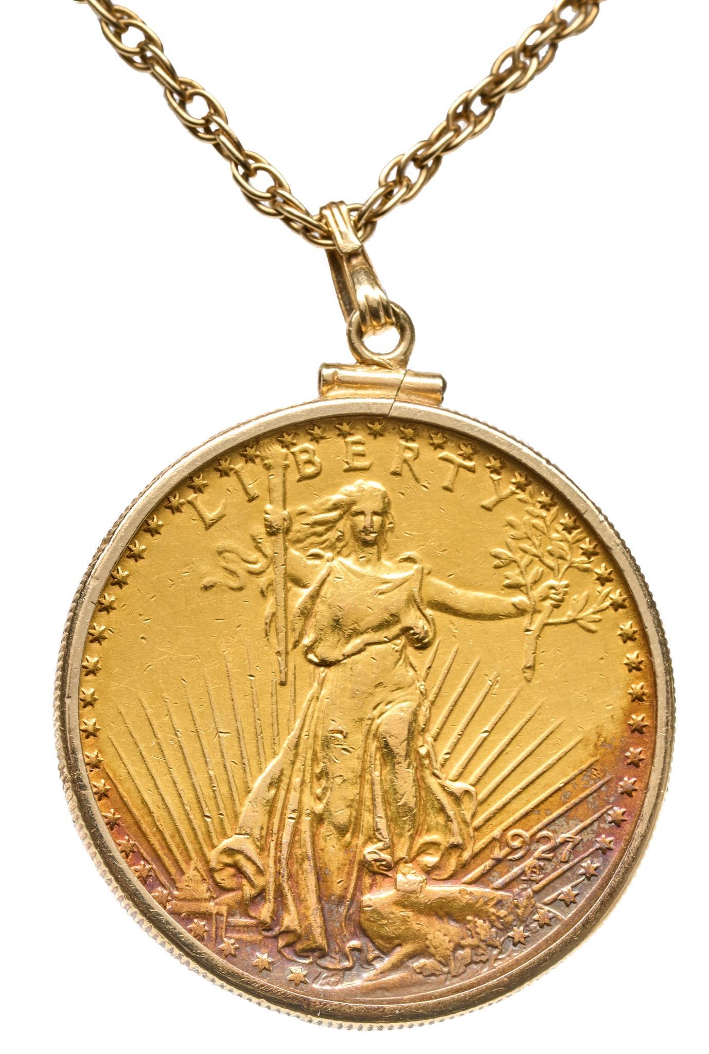 1927 St Gaudens Double Eagle Gold Coin 14K Necklace: Beautiful Toned 1927 Twenty Dollar Saint Gaudens $20 Gold Coin Approx. 1 oz Gold 14K Gold Bezel and 14K Gold Braided Link Chain 28"; total weight: 1.61oz. or 45.6 grams Provenance: A San Antonio, TX E